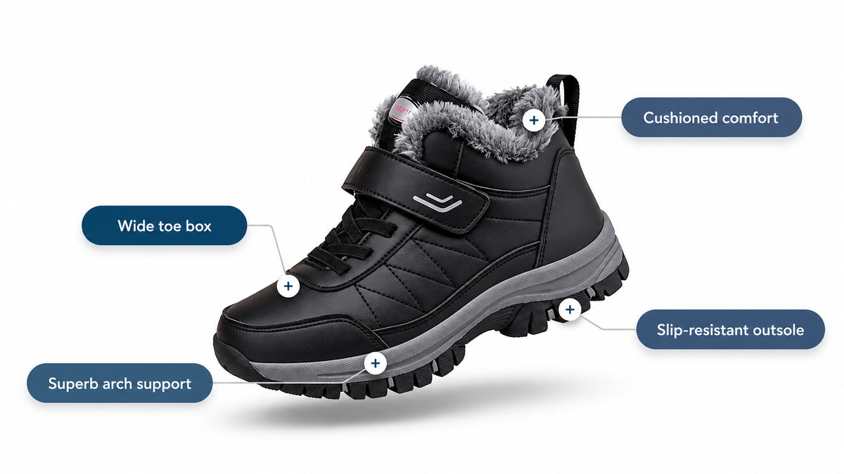 Orthopedic boot features: wide toe box, superb arch support, cushioned comfort, and slip-resistant outsole.